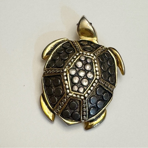 Vintage SJ Signed Gold Silver Tone Sea Turtle Brooch Pendant - Picture 3 of 12